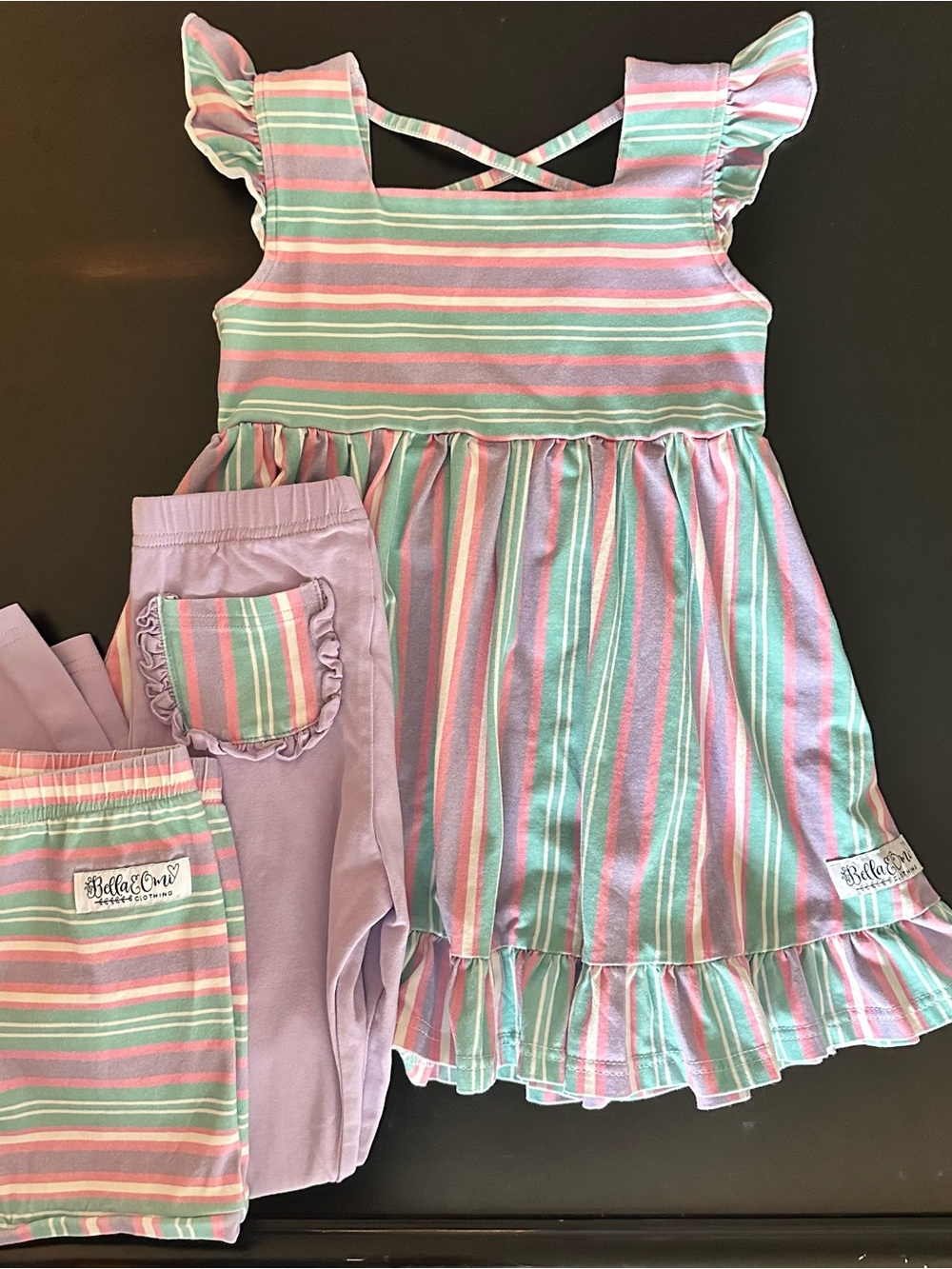 BELLA & OMI SIZE 7 Striped Pastel Ruffle Dress & Leggings Set